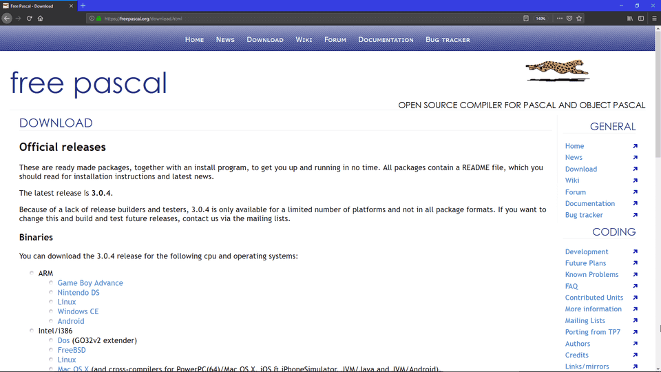 Web de Free Pascal, descargas